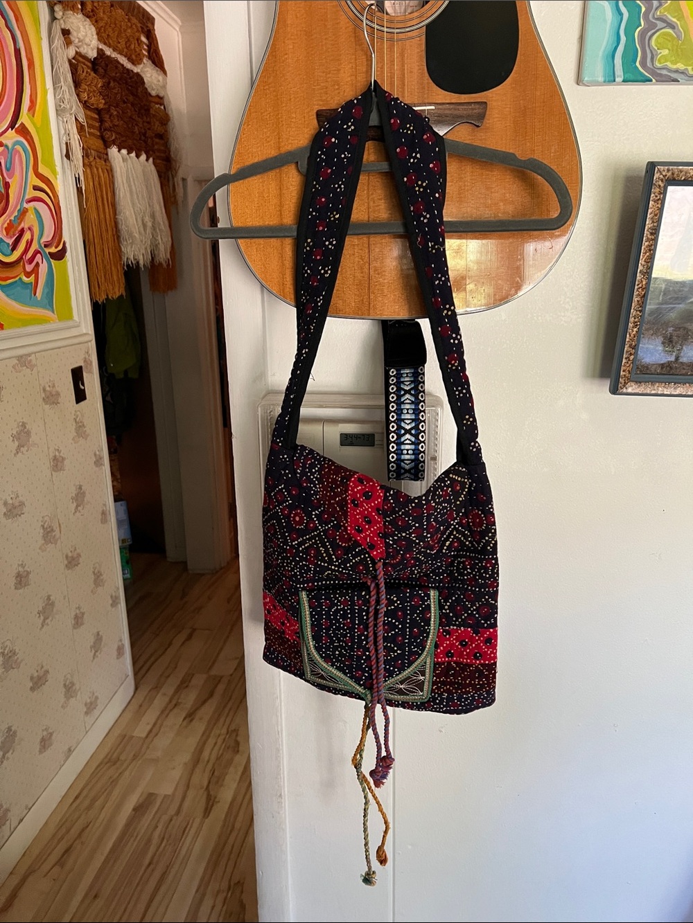 Vintage Navy & Red Embroidered Crossbody Bag with green and purple